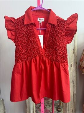 Anniewear Red Smocked Flutter Sleeve V-Neck Blouse